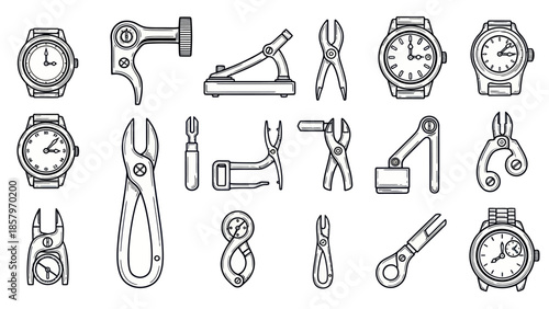 Collection of hand drawn watches and tools vector illustration