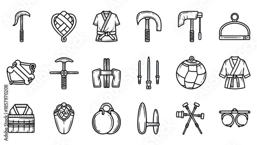 Collection of hand drawn weapon and martial arts attire illustrations