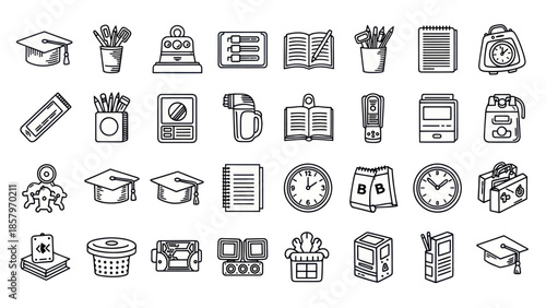 Collection of educational and office related objects in simple line art