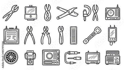 Collection of hand tools and electronic devices in monochrome style