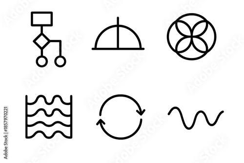 Algorithm Pattern Icons. Line vector icons of a pattern-generating algorithm: algorithm node, symmetry arc, repeating motif ring,