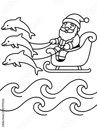 Santa's aquatic adventure: An illustration of a jolly Santa Claus steering a sleigh pulled by dolphins as they glide above ocean waves, delivering Christmas cheer with a nautical twist.