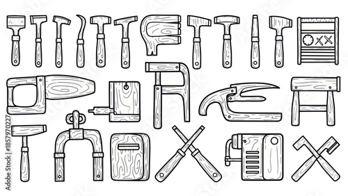 Collection of hand tools black and white vector illustration