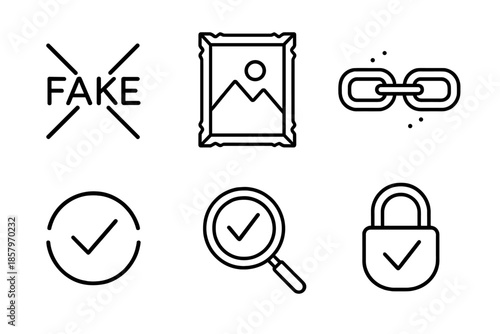 Anti-Fake NFT Icons. Line vector icons of anti-fake NFT filter: crossed fake mark, real-art frame, blockchain link, validation arc