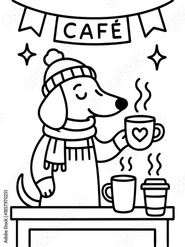 Cozy Dog Cafe: A charming illustration depicts a dog happily operating a cozy cafe, surrounded by steaming cups of coffee and the warm inviting glow of the environment. 