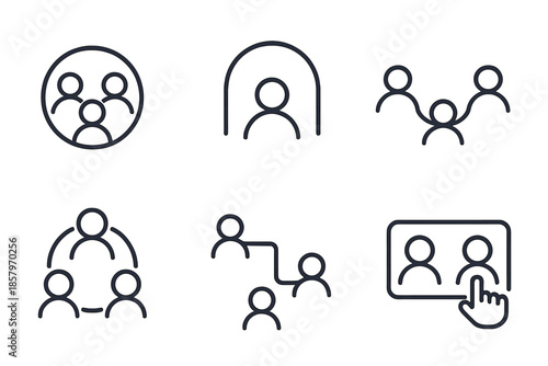 Online Team Icons. Line vector icons of online team experience: avatars circle, event arc, shared wave line, group ring, activity