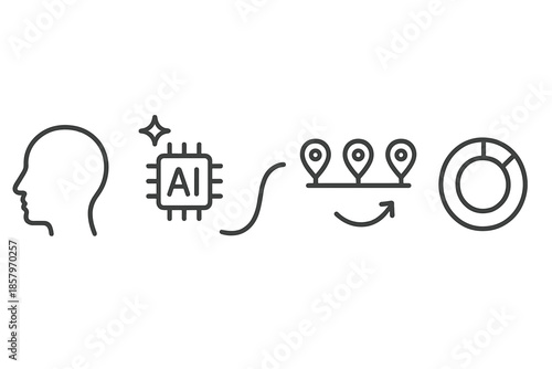 AI Study Icons. Line vector icons of AI-guided study flow: head outline, AI spark, flow curve, lesson markers, adaptive ring,