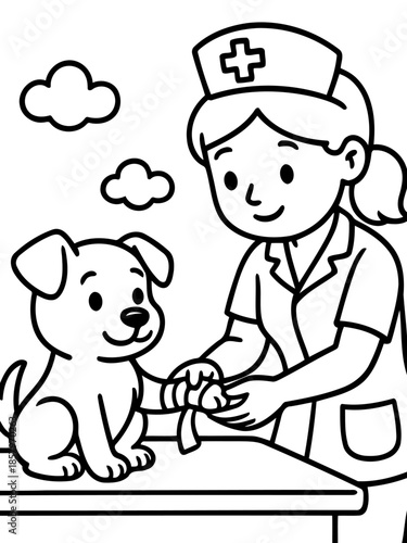 Veterinarian Treating a Dog: An illustrated veterinarian, adorned with a nurse's cap, compassionately tends to a cute, innocent puppy.