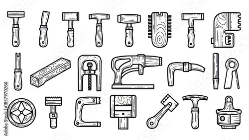 Collection of hand tools illustration in monochrome style on white background