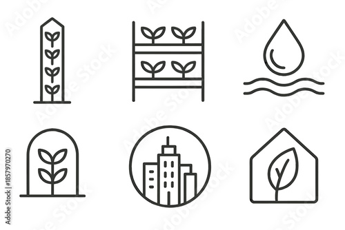 Compact City Agriculture Icons. Line vector icons of compact city agriculture: slim tower, plant trays, water stripe, growth arc,