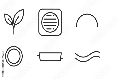 Plant-Based Product Icons. Line vector icons of meat-free product design: plant leaf, patty frame, wholesome arc, nutrition ring,