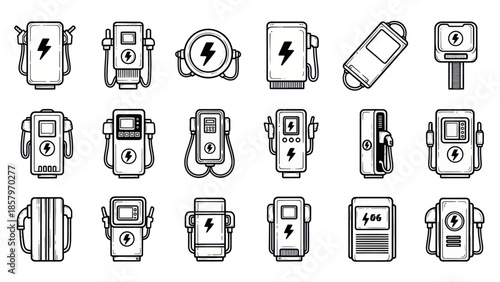 Collection of electric vehicle charging stations isolated vector illustration set