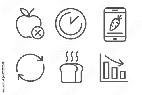 Anti-Waste Food Icons. Line vector icons of anti-waste food tracking: expiring food symbol, timer arc, app interface line, reuse