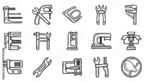 Collection of hand tools wrench clamp and vise icons for design