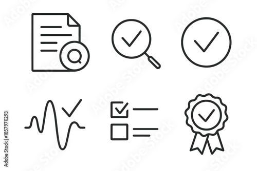 Source Verification Icons. Line vector icons of source verification: source icon, magnifier arc, validity ring, truth wave, review