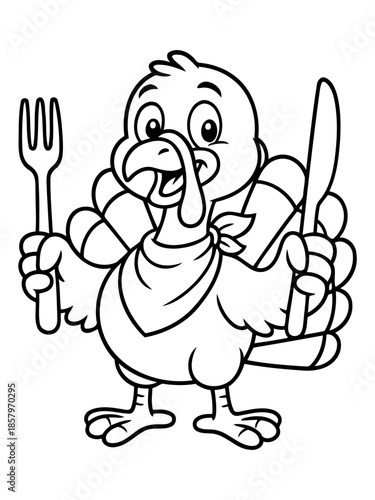 Thanksgiving Dinner: A humorous cartoon turkey stands poised, fork and knife in hand, ready for the feast, bringing a lighthearted feel to the holiday celebration.