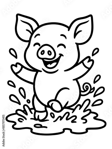 Playful Piglet's Splash: A joyous piglet leaps through a puddle of water, its delighted expression mirroring the unbridled fun of childhood.