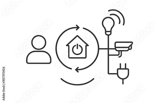 Smart Home Control Icons. Line vector icons of unified smart-home control: user silhouette, central hub icon, linked device lines,