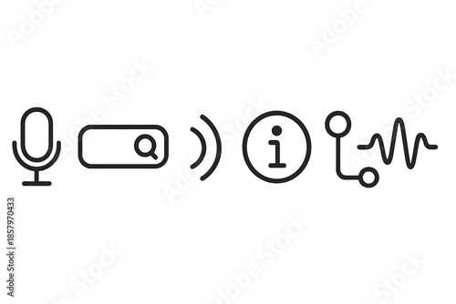 Voice Search Icons. Line vector icons of voice-activated lookup: mic silhouette, search bar hint, wave arc, info ring, query path,