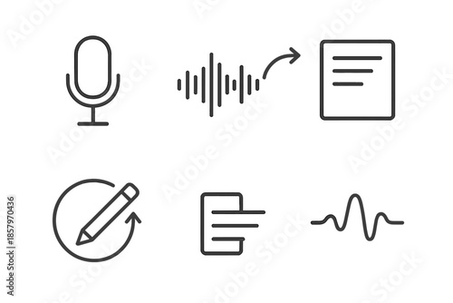 Audio Typing Icons. Line vector icons of audio-driven typing: mic contour, waveform band, text block outline, conversion arc,