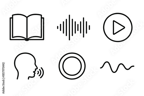 Synthetic Audio Narrative Icons. Line vector icons of synthetic-narration audio story: book outline, soundwave crest, play symbol,