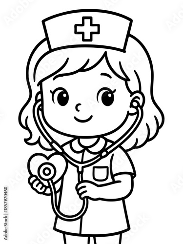 Caring Nurse with a Heart: A cheerful nurse, adorned with a cap, delicately holds a heart while listening with her stethoscope, showcasing the essence of compassion and care. 