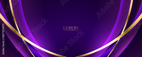 3D purple golden luxury abstract background overlap layer on dark space with wave lines decoration. Modern graphic design element cutout style concept for web, art, flyer, card, or brochure cover