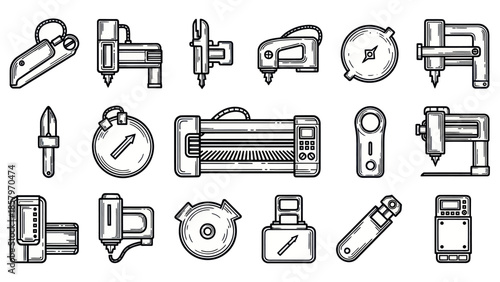 Collection of industrial tools and equipment in monochrome vector style