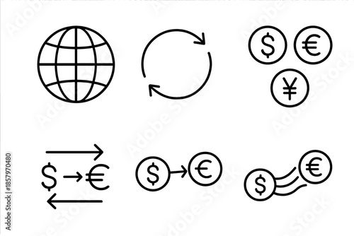 Global Currency Exchange. Line vector icons of multi-country money exchange: globe frame, exchange arrows, currency set,