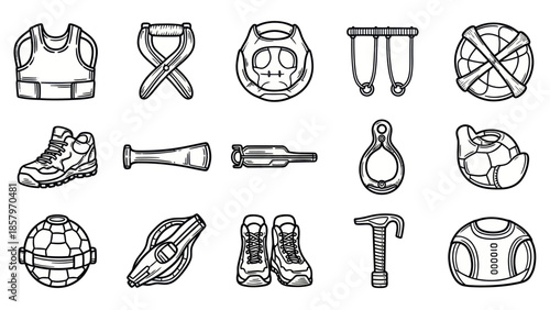 Collection of fitness and exercise equipment outlined in black and white