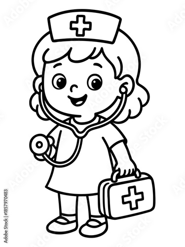 Little Nurse: A cartoon nurse, radiating warmth and care, stands ready with her stethoscope and medical kit, embodying compassion and dedication.