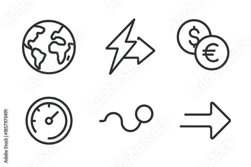 Instant Payment Icons. Line vector icons of international instant payment: world map hint, lightning transfer arrow, dual currency