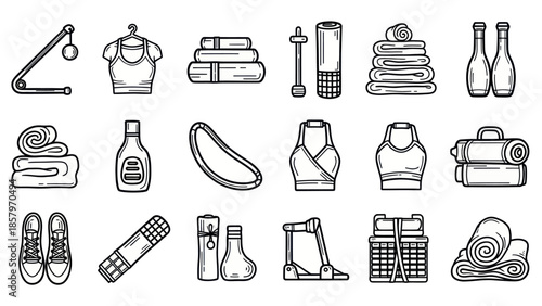 Collection of fitness and relaxation icons in a line art style