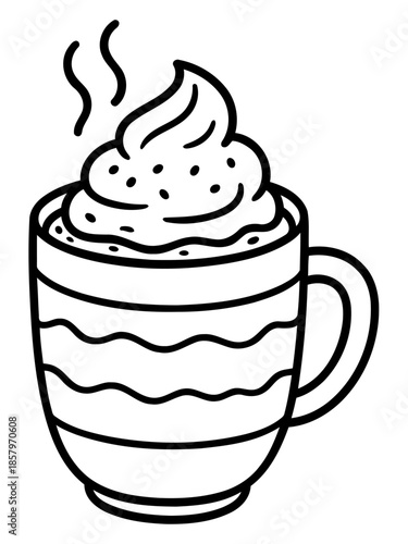 Cozy beverage Delight: A charming, steaming mug adorned with elegant patterns cradles a warm, frothy beverage, exquisitely topped with a generous dollop of velvety cream.