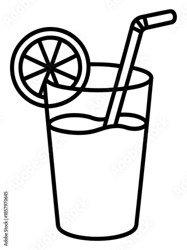 Refreshing Citrus Delight: A monochrome illustration of a tall glass filled with refreshing citrus juice, adorned with a vibrant slice of lemon and a straw.