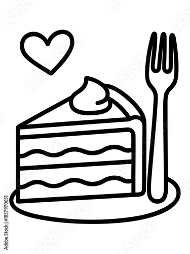 Sweet Slice of Celebration: A delectable slice of cake, garnished with a swirl of cream and a loving heart beside a fork on plate, ready to enjoy. Capturing the joy of treats and desserts