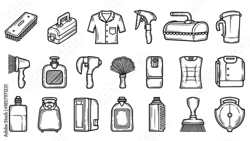 Collection of hand drawn cleaning and hygiene supplies icons