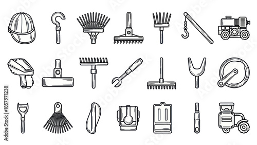 Collection of hand drawn farm tools and equipment in grayscale style