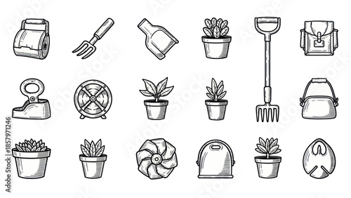 Collection of hand drawn gardening tools and plants illustrations in monochrome
