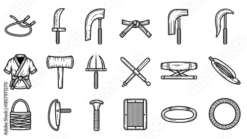 Collection of hand drawn martial arts weapons and equipment icons