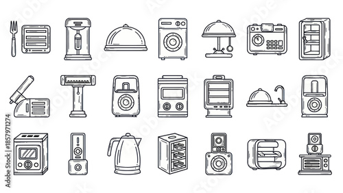 Collection of hand drawn household appliances and electronics vector illustration