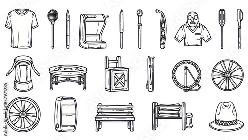 Collection of hand drawn objects assortment of everyday items in monochrome