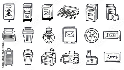 Collection of hand drawn postal and communication icons in vector style