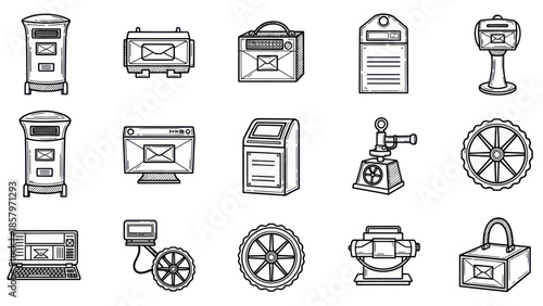 Collection of hand drawn postal icons mailboxes package and delivery symbols