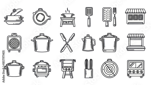 Collection of kitchen utensils in line art style for culinary projects