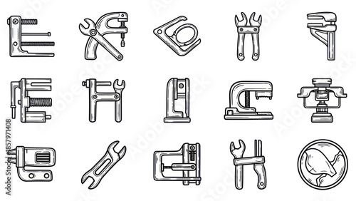Collection of hand tools wrench clamp and vise icons for design