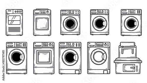 Collection of laundry appliances illustrated in black and white for design