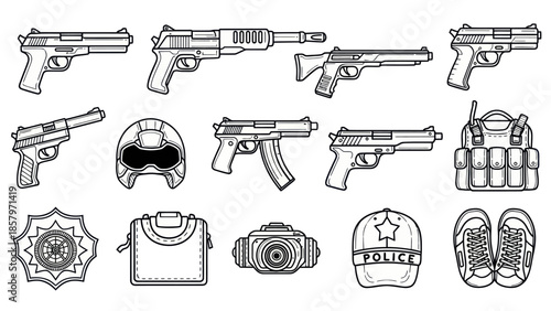 Collection of handguns and equipment in line art style