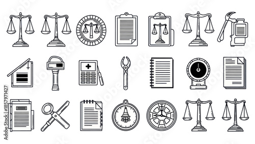 Collection of legal justice and measurement icons in black and white