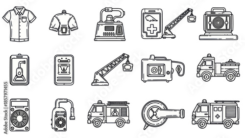 Collection of industrial and technological icons in bold black and white style